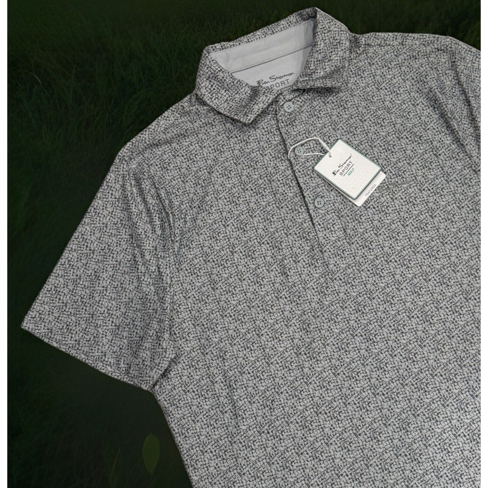 NWT Ben Sherman Sport Mens Small Grey Print Short Sleeve Stretch Polo Shirt Golf